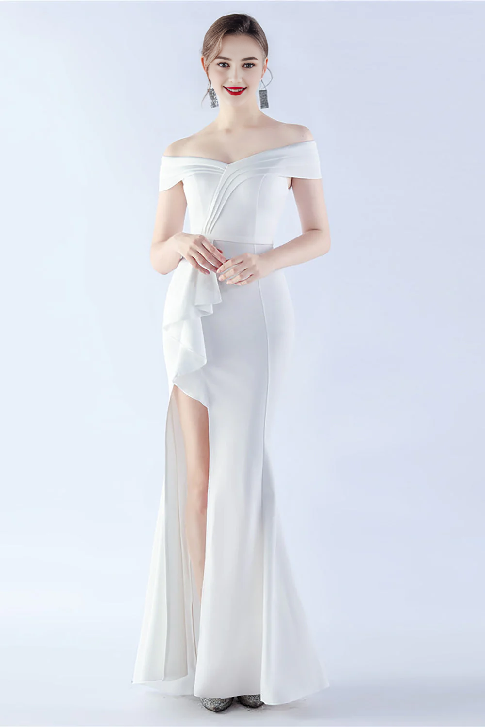 OKBBN off shoulder mermaid crepe slit evening gown