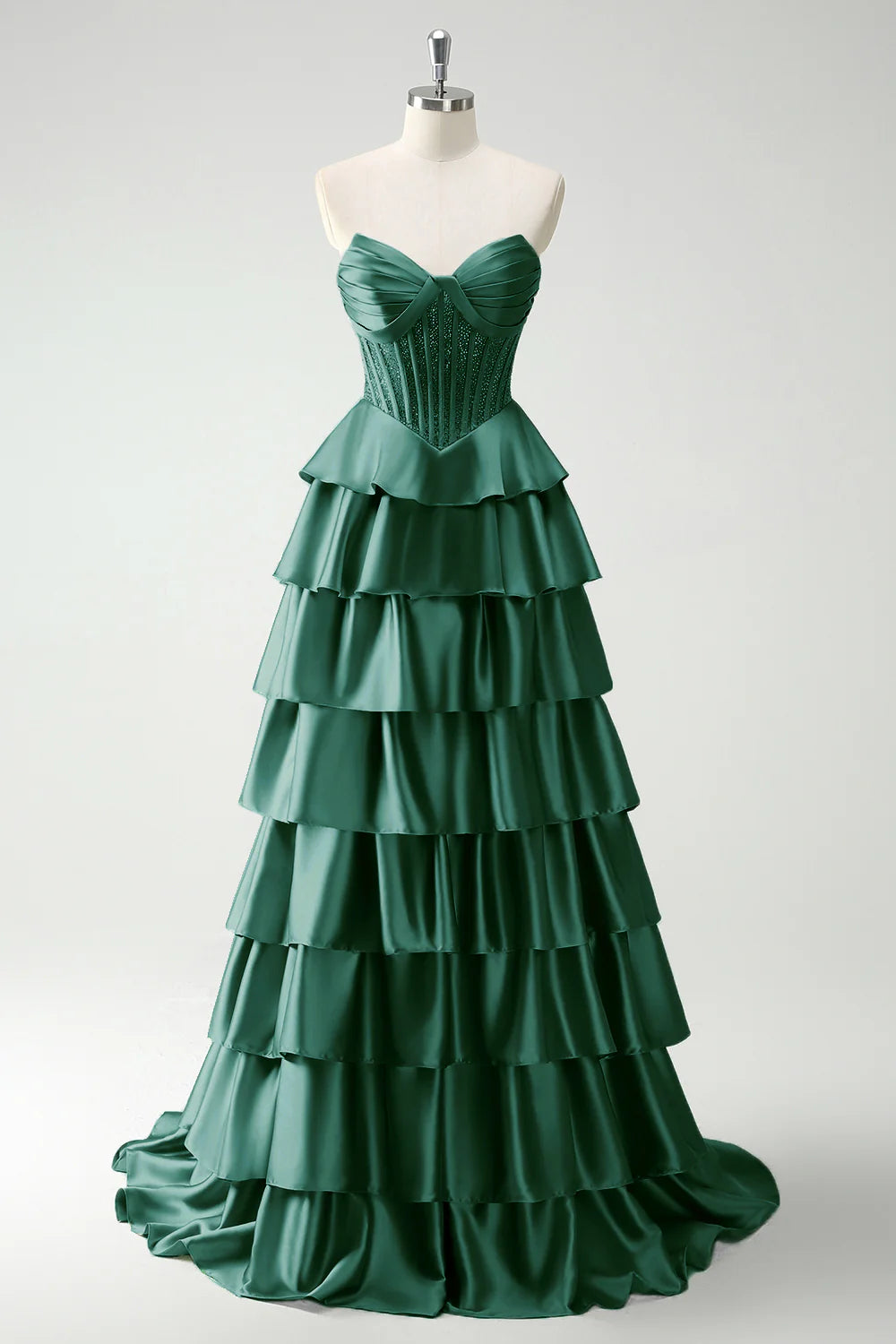 OKBBN satin layered corset long slit evening gown