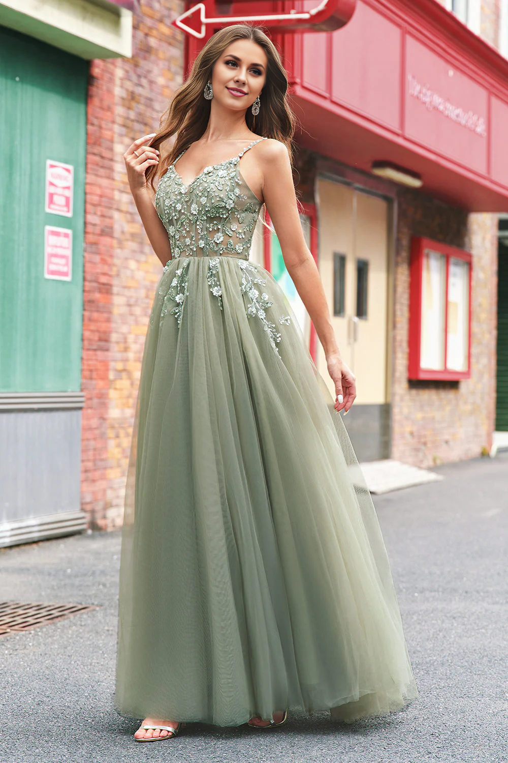 OKBBN A-line tight corset sequined chiffon long evening gown