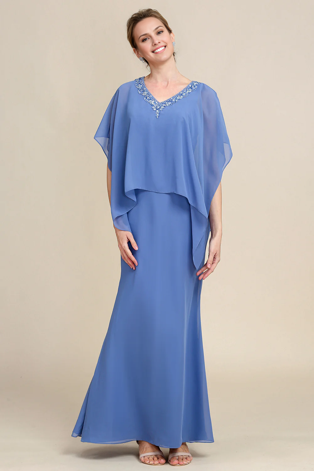 OKBBN dignified bat sleeve sparkling bead bride mother dress