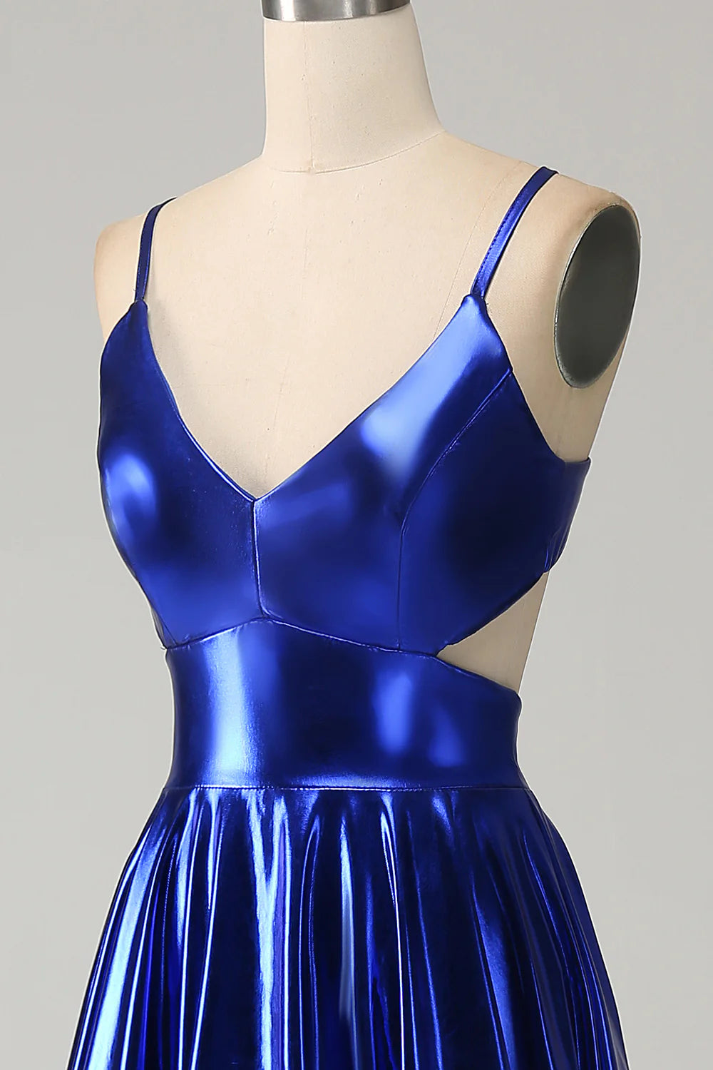 OKBBN A-line thin shoulder strap backless pleated metal slit ball dress