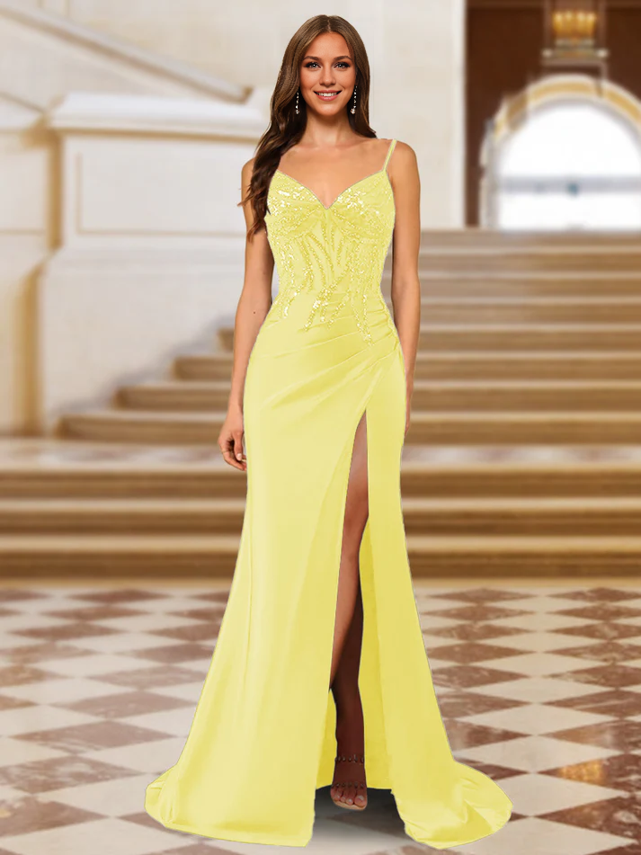 OKBBN shiny trumpet shaped mermaid slim shoulder strap long evening gown