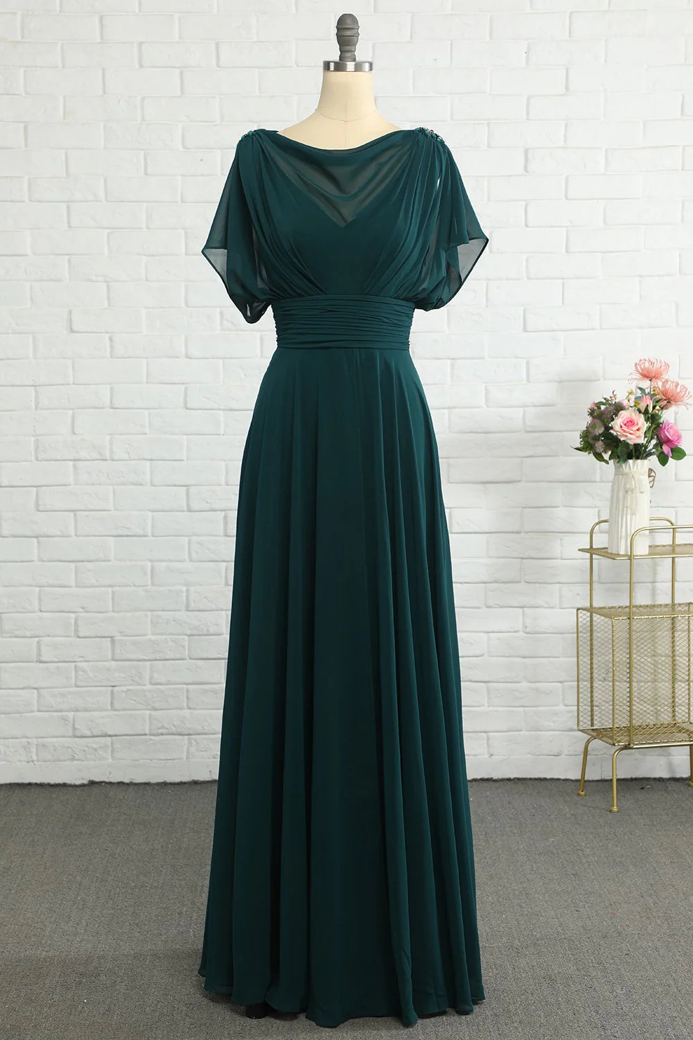 OKBBN Chiffon Short Sleeve Waist Bridal Mother Dress