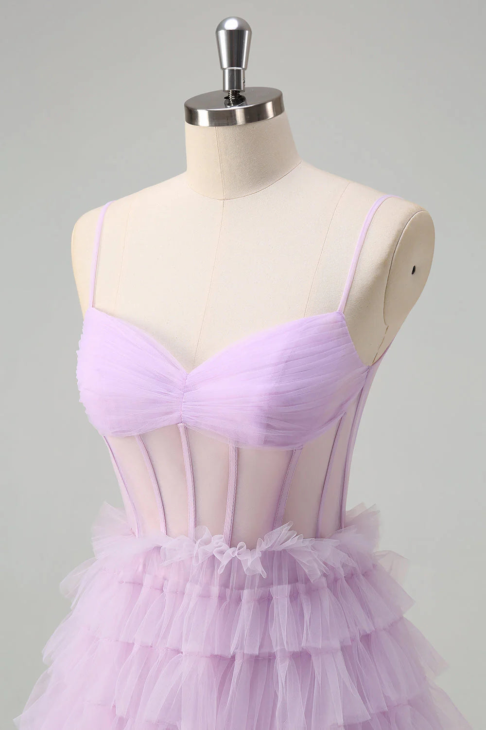 OKBBN A-line thin shoulder strap transparent tight corset layered long layered ballroom dress