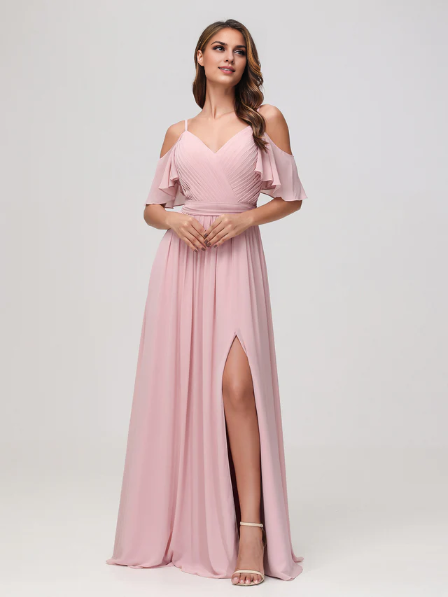 OKBBN off shoulder A-line pleated chiffon shorts bridesmaid dress