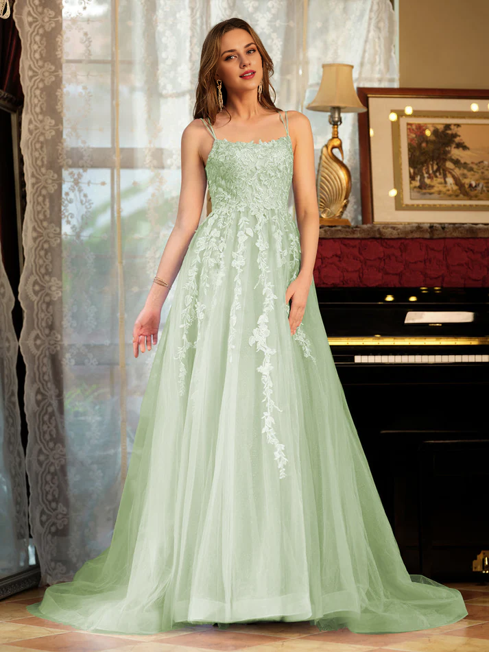OKBBN A-line princess chiffon thin shoulder strap decal long evening gown