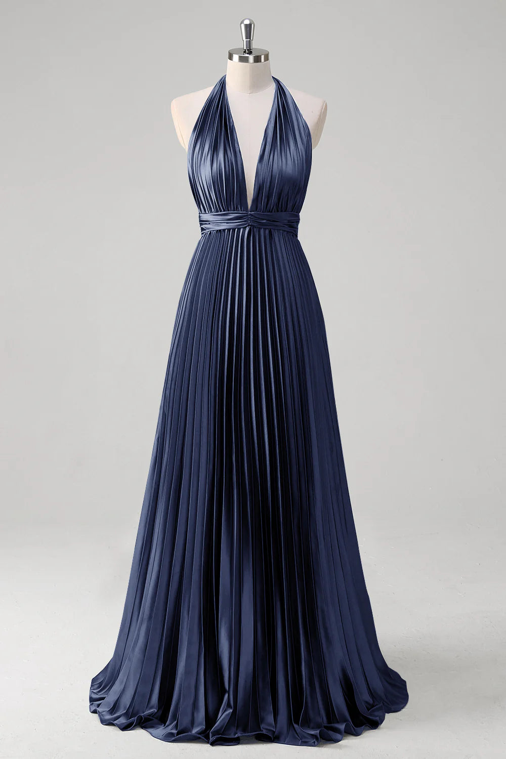 OKBBN satin A-line hanging neck pleated backless long evening gown