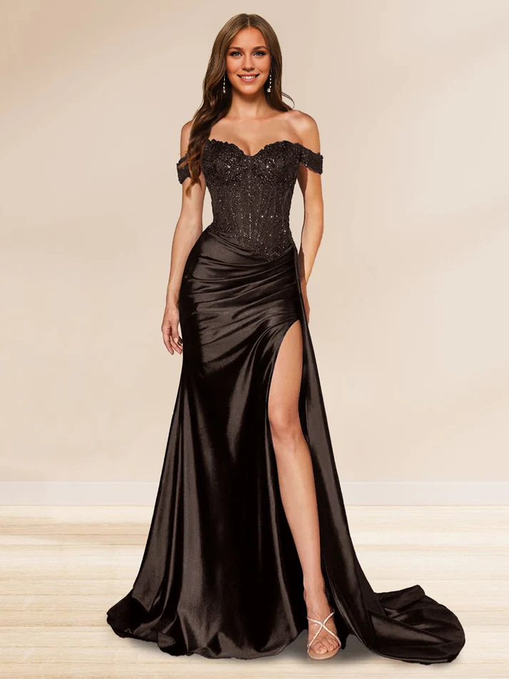 OKBBN mermaid off shoulder trailing sequin side slit evening gown