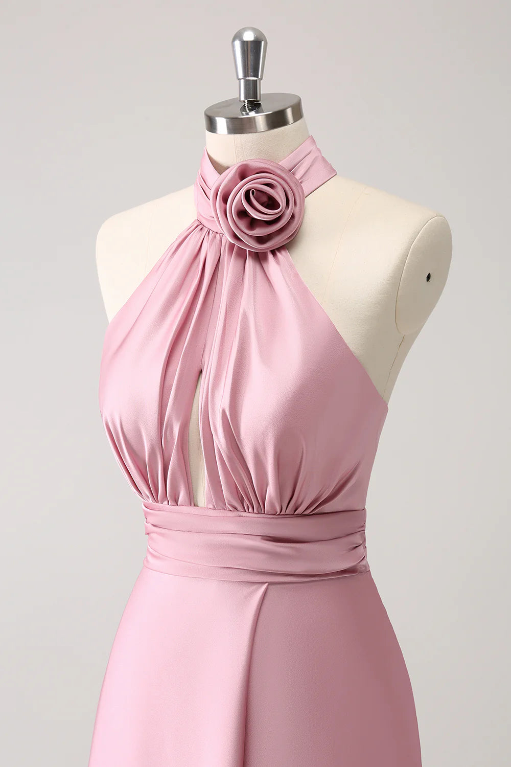 OKBBN A-line backless pleated floral satin slit long ball gown