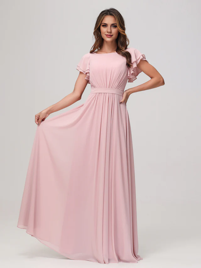 OKBBN boat shaped collar with floating sleeves and floor bridesmaid dress