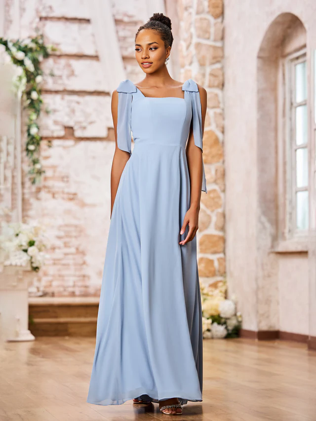 OKBBN Double Bow Shoulder Strap Square Neck Chiffon Split Bridesmaid Dress