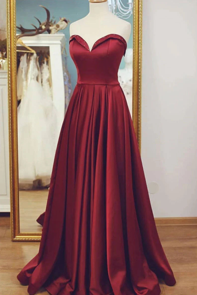 Simple burgundy satin long prom dress burgundy prom dress