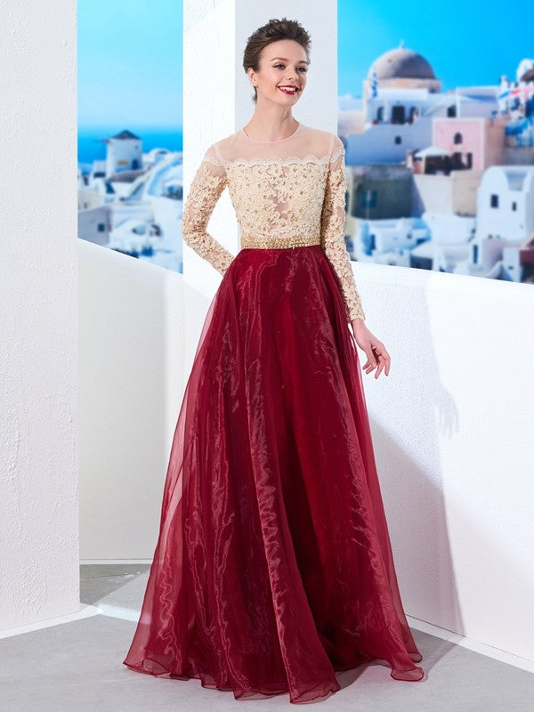 A-line Elegant Princess Naked Neck Floor Sweeping Long sleeved Dress