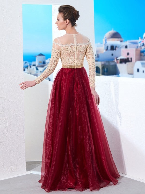 A-line Elegant Princess Naked Neck Floor Sweeping Long sleeved Dress