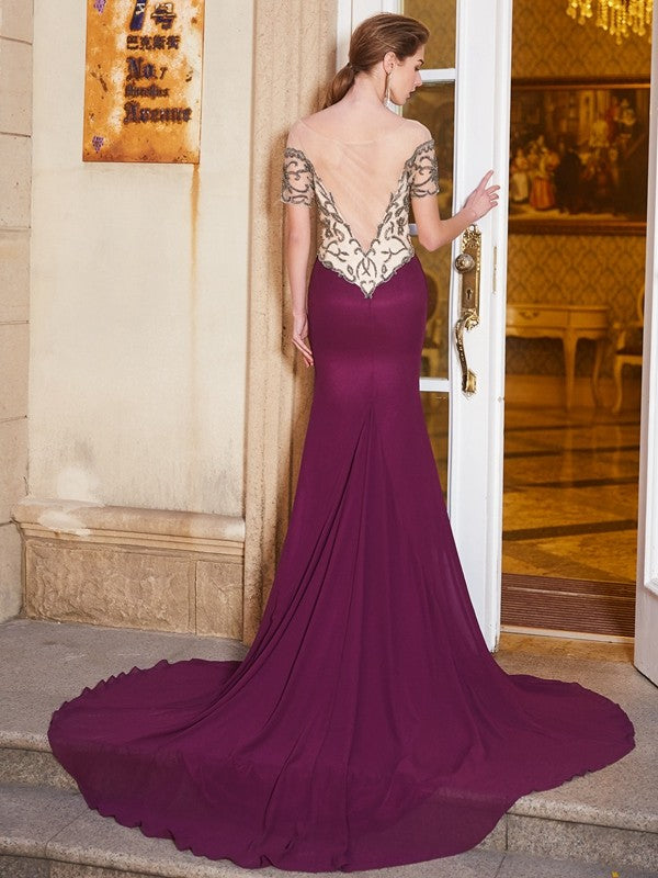 Elegant Sheath Pillar Naked Neck Short sleeved Palace Dress with Beaded Chiffon Dress