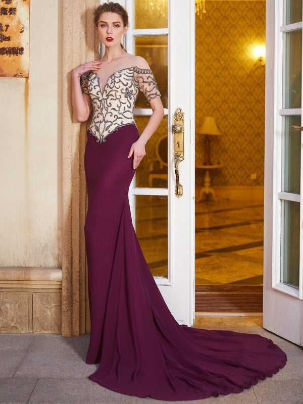 Elegant Sheath Pillar Naked Neck Short sleeved Palace Dress with Beaded Chiffon Dress