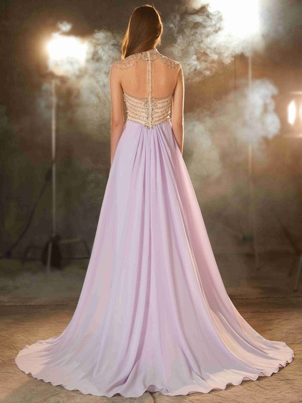 A-line elegant princess high neck sleeveless strapless crystal chiffon dress