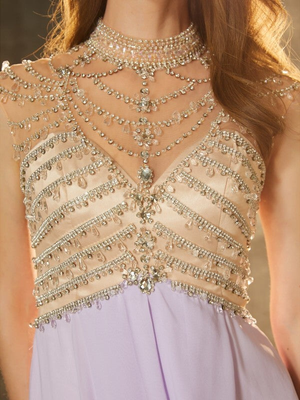 A-line elegant princess high neck sleeveless strapless crystal chiffon dress