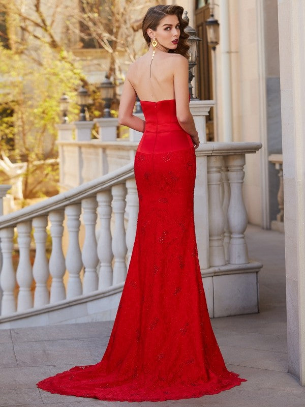 Small slim fit mermaid sleeveless sweeping/brushing train bead satin dress
