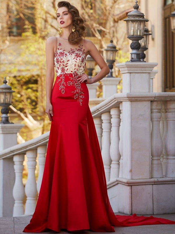 Slim fit mermaid slanted collar sleeveless palace skirt hem inlaid satin dress