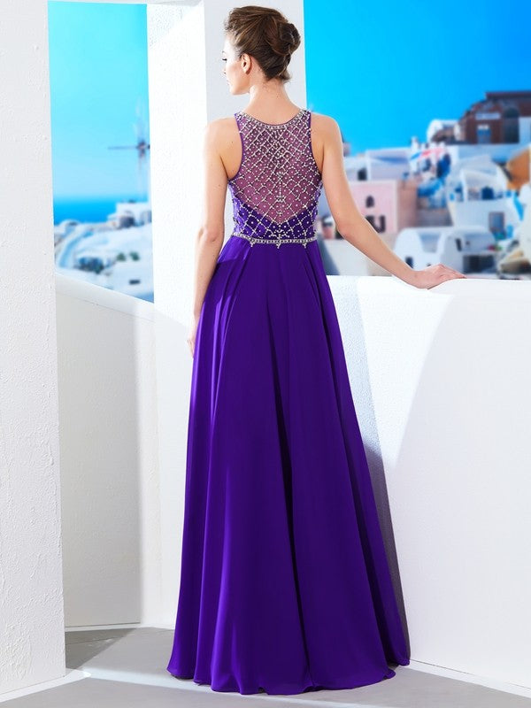 A-line Princess Sleeveless Chiffon Elegant Crystal Floor Dress