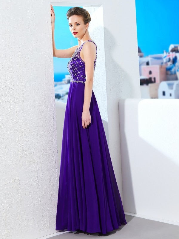 A-line Princess Sleeveless Chiffon Elegant Crystal Floor Dress