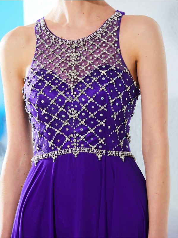A-line Princess Sleeveless Chiffon Elegant Crystal Floor Dress