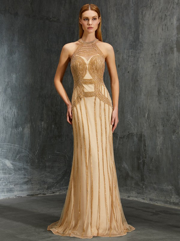 Column Elegant High Neck Sleeveless Brush Chain Bead Mesh Dress