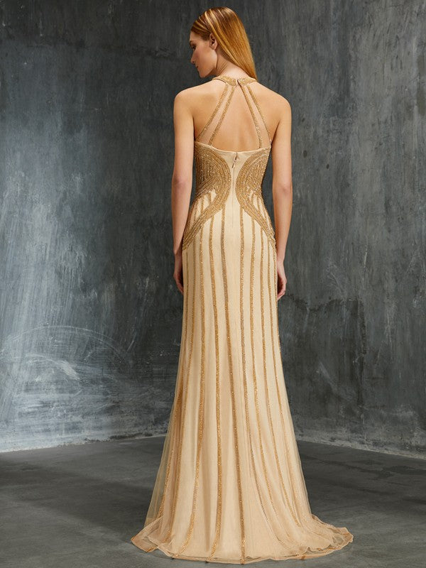 Column Elegant High Neck Sleeveless Brush Chain Bead Mesh Dress