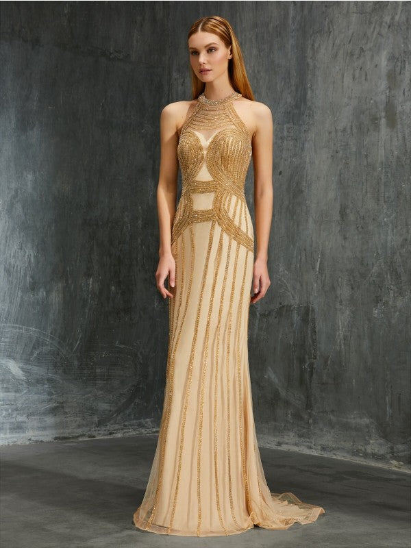 Column Elegant High Neck Sleeveless Brush Chain Bead Mesh Dress