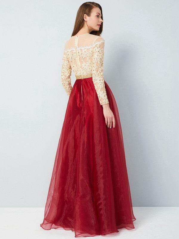 Elegant Princess Naked Neck Floor Sweeping Long sleeved Party Dress