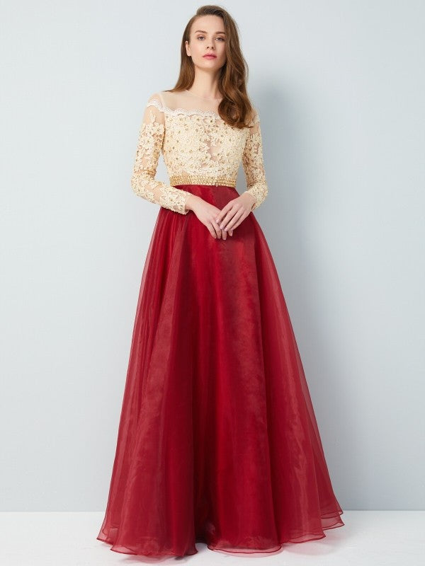 Elegant Princess Naked Neck Floor Sweeping Long sleeved Party Dress