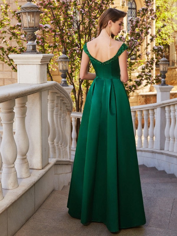A-line Princess Sexy Off Shoulder Sequins Sleeveless Satin Floor Dress
