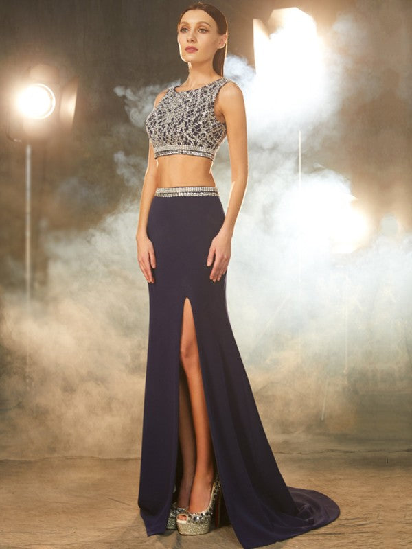 Pillar shaped beautiful sleeveless sweeping/brushing chain beaded elastic woven satin two-piece dress