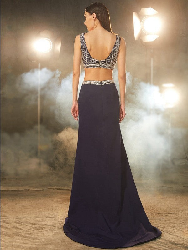 Pillar shaped beautiful sleeveless sweeping/brushing chain beaded elastic woven satin two-piece dress