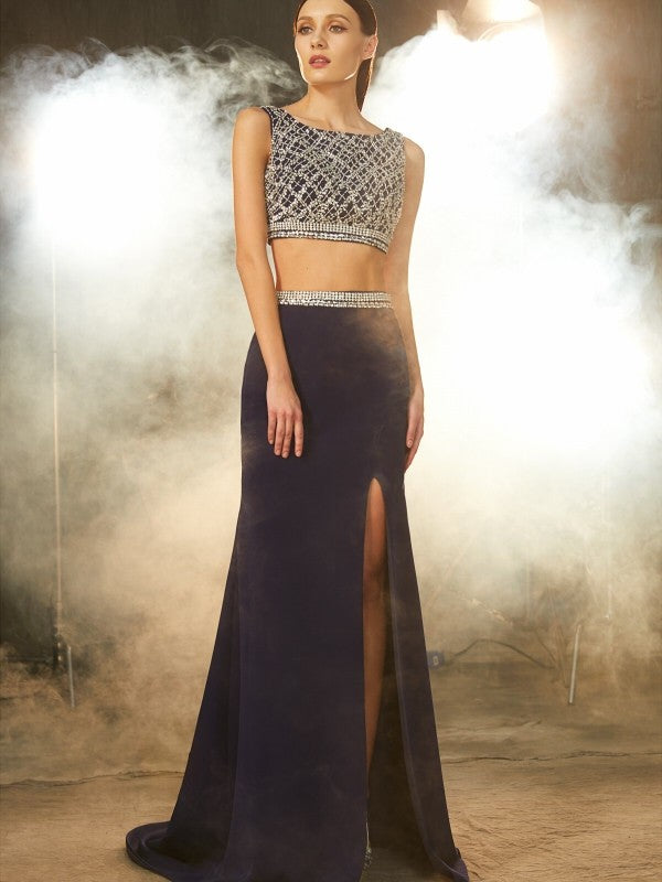 Pillar shaped beautiful sleeveless sweeping/brushing chain beaded elastic woven satin two-piece dress