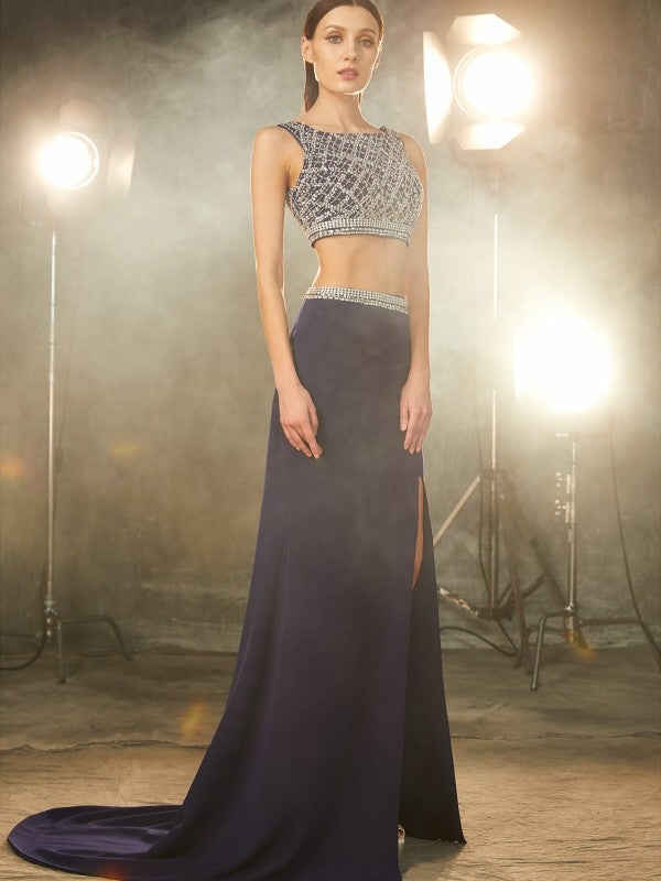 Pillar shaped beautiful sleeveless sweeping/brushing chain beaded elastic woven satin two-piece dress