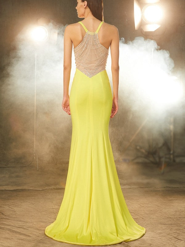 Trumpet Mermaid V-neck Sleeveless Swept Neck Beaded Spandex Dress
