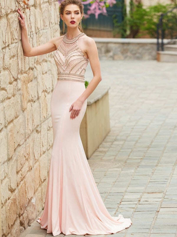 Elegant Column Scoop Sleeveless Brush Chain Beaded Spandex Dress