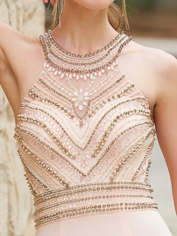 Elegant Column Scoop Sleeveless Brush Chain Beaded Spandex Dress