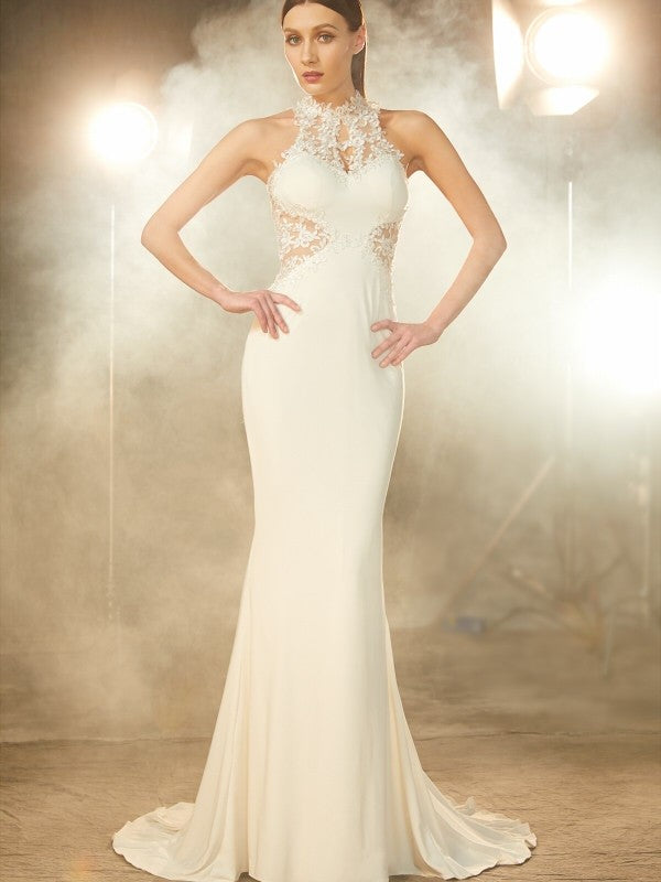 Elegant Mermaid High Collar Sleeveless Sweeping Collar Sticker Spandex Dress