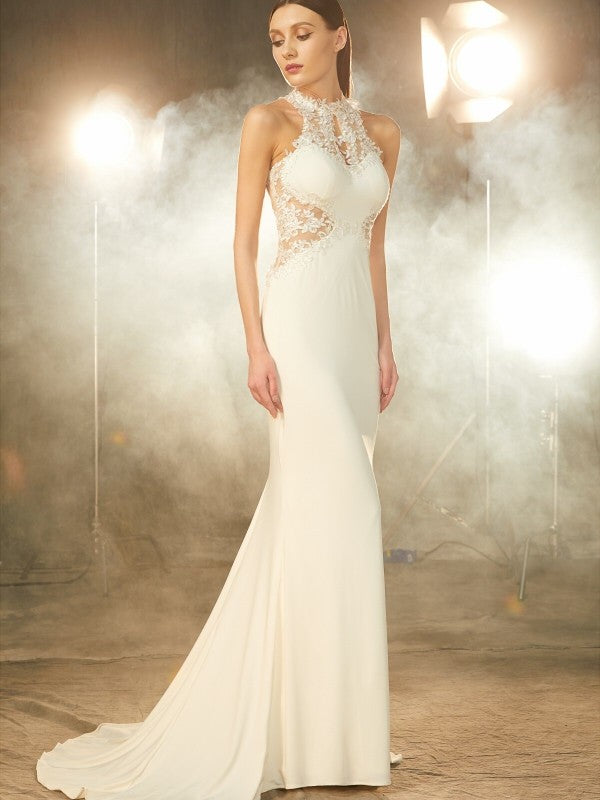 Elegant Mermaid High Collar Sleeveless Sweeping Collar Sticker Spandex Dress