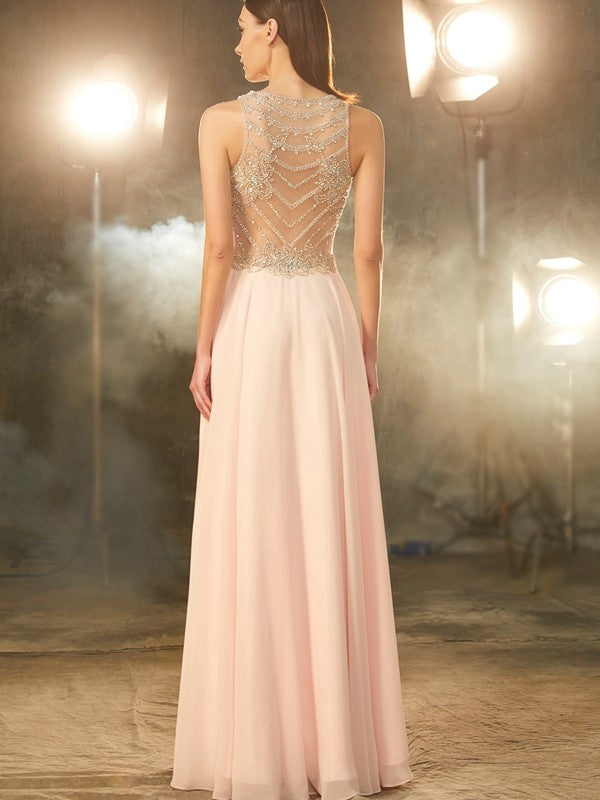 A-line Princess Dress Sleeveless Chiffon Crystal Floor Dress