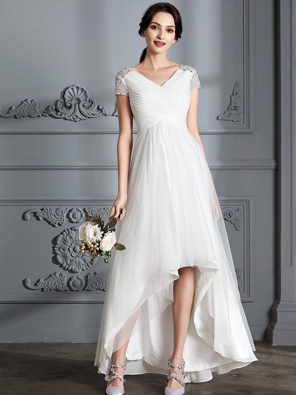 A-line elegant princess V-neck short sleeved asymmetrical sheer wedding dress
