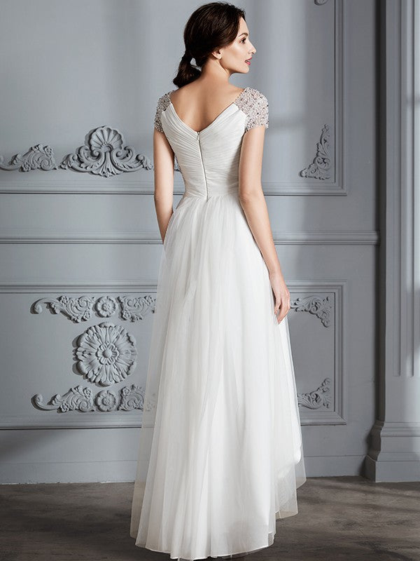 A-line elegant princess V-neck short sleeved asymmetrical sheer wedding dress