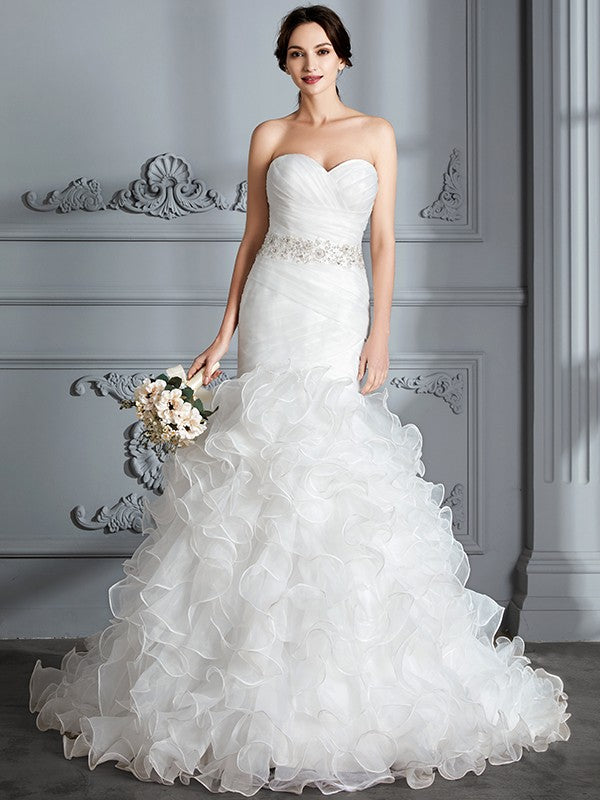 Small slim fit mermaid sweetheart sleeveless ruffled edge brushed train satin wedding dress