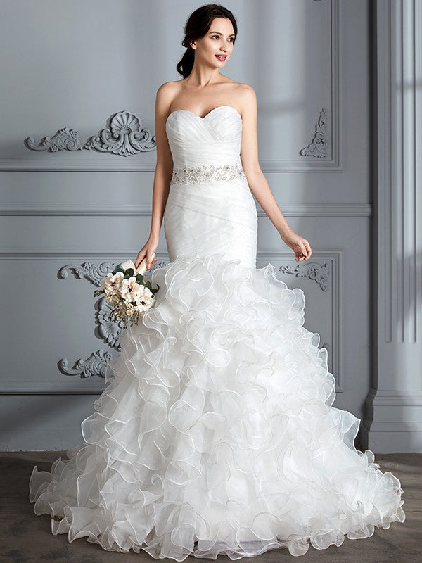 Small slim fit mermaid sweetheart sleeveless ruffled edge brushed train satin wedding dress