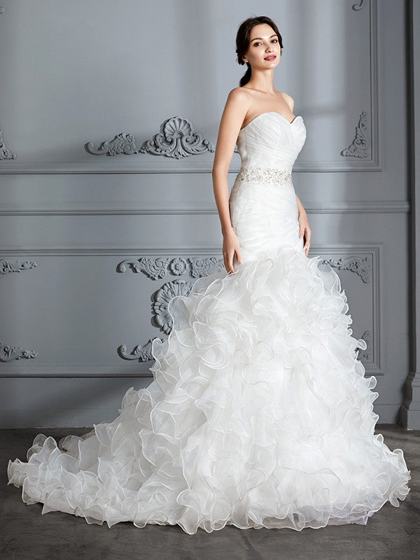 Small slim fit mermaid sweetheart sleeveless ruffled edge brushed train satin wedding dress