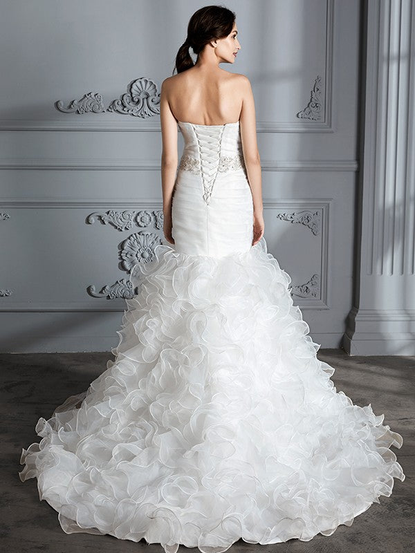 Small slim fit mermaid sweetheart sleeveless ruffled edge brushed train satin wedding dress