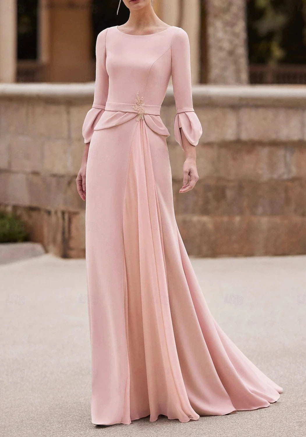 Mermaid / Trumpet Mother of the Bride Dress Wedding Guest Elegant Jewel Neck Floor Length Chiffon Crepe 3/4 Length Sleeve with